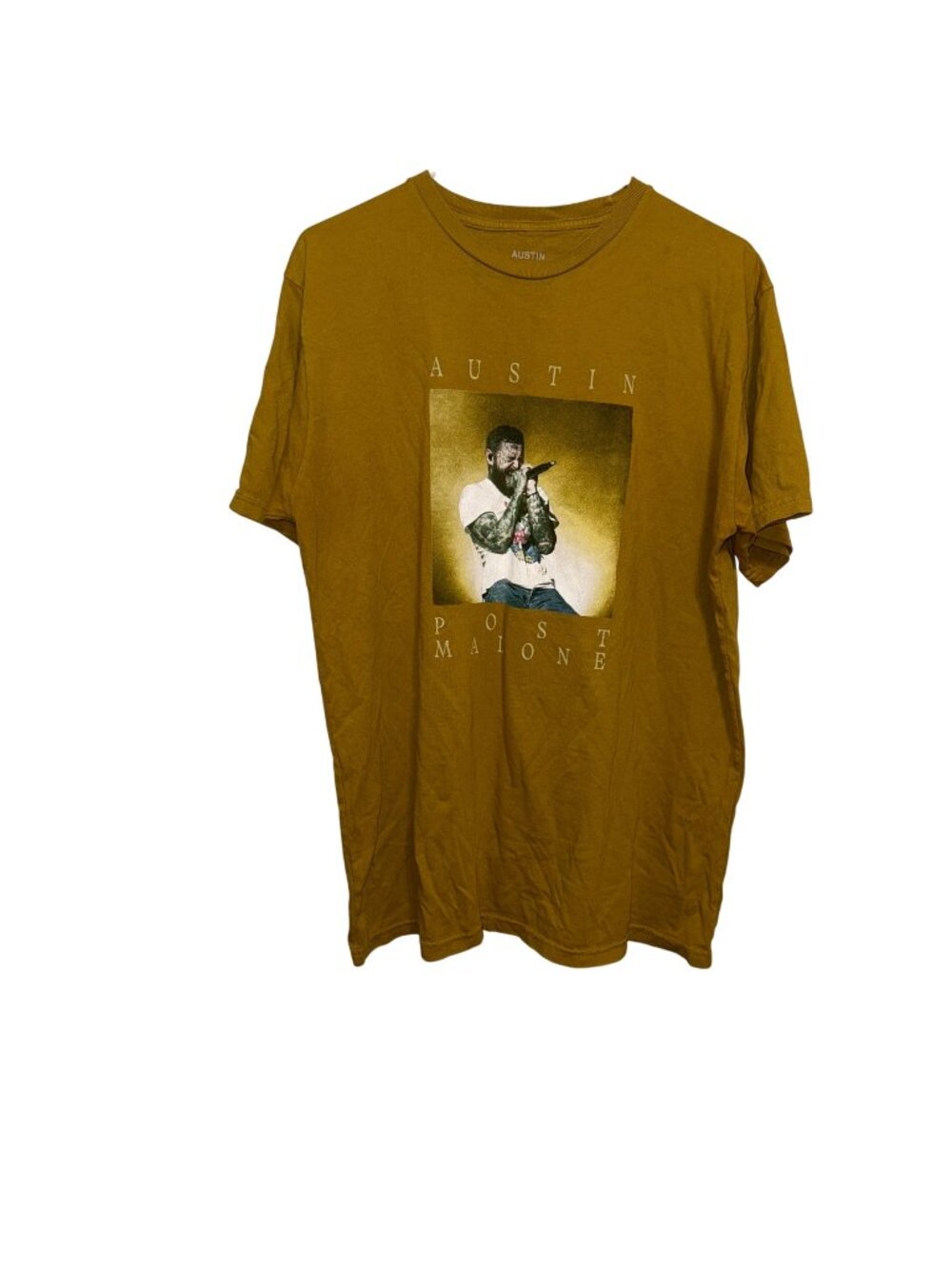 Post Malone 2023 Tour Merch T-Shirt Mustard Yellow Graphic Tee Size L USA Made